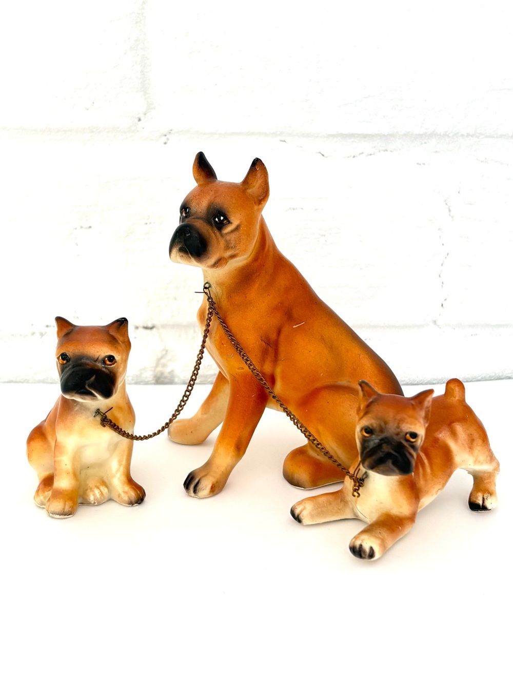 Vintage Brown Ceramic Boxer Dog Figurine Trio with Chain Japan